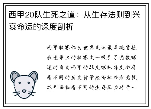 西甲20队生死之道：从生存法则到兴衰命运的深度剖析