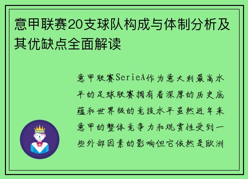 意甲联赛20支球队构成与体制分析及其优缺点全面解读