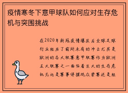 疫情寒冬下意甲球队如何应对生存危机与突围挑战