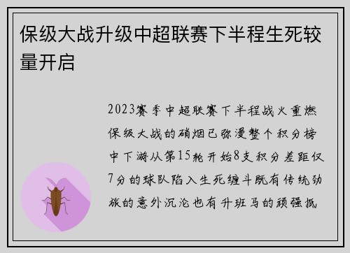 保级大战升级中超联赛下半程生死较量开启
